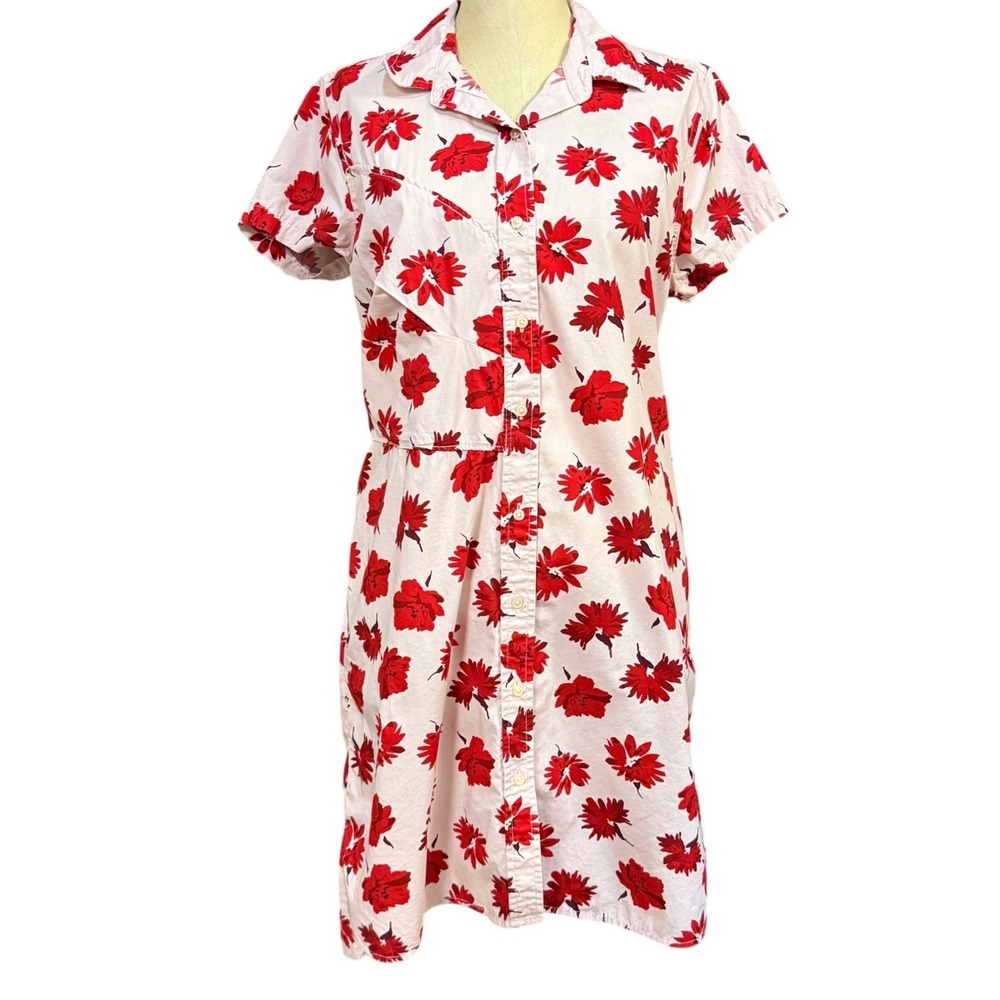 Free Assembly L Pink Red Floral Asymmetric Button Shirt Dress 100% Cotton Spring